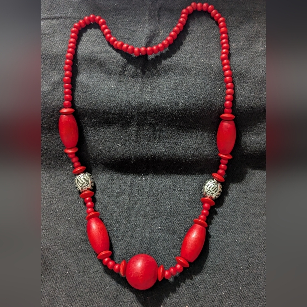 Silver Tone Red Wooden Chunky Beaded Statement Necklace